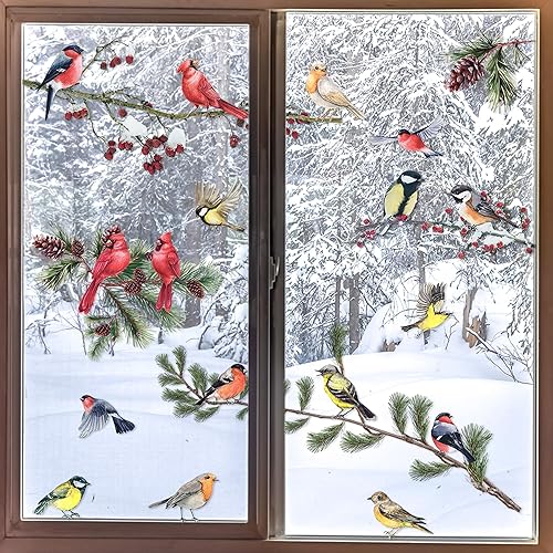 9 hojas de calcomanías de invierno para ventana, ramas de pájaros, decoración de pino cardenal de Navidad, calcomanías de ventana de doble cara para