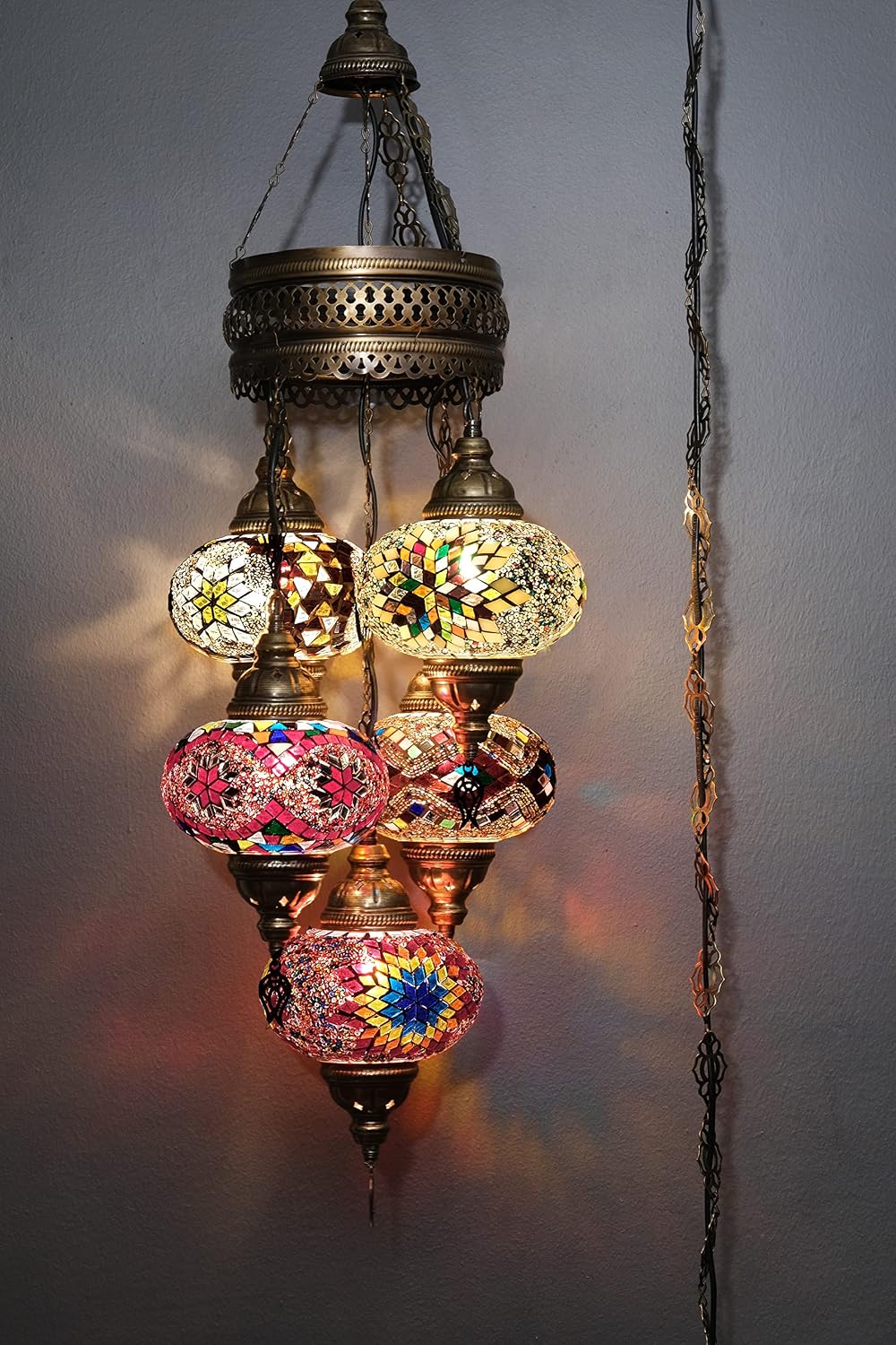 Asylove 5 Globe Turkish Pendant Ligting, Mosaic Turkish Moroccan Hanging Lamp, Ceiling Decorative Dining Lamp, 3 Feet Height 7 inch Globes (HotMix)