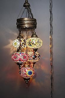 Asylove 5 Globe Turkish Pendant Ligting, Mosaic Turkish Moroccan Hanging Lamp, Ceiling Decorative Dining Lamp, 3 Feet Height 7 inch Globes (HotMix)