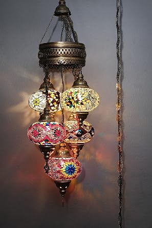 Asylove Turkish Moroccan Mosaic Ceiling Customizable Chandeliers Lamp, 5 Globe Pendant Lamps Mosaic Chandeliers Bohemian Art Deco Hanging Lighting, 7 inc Globe Total Dimensions 20 x 20 x 40 inch
