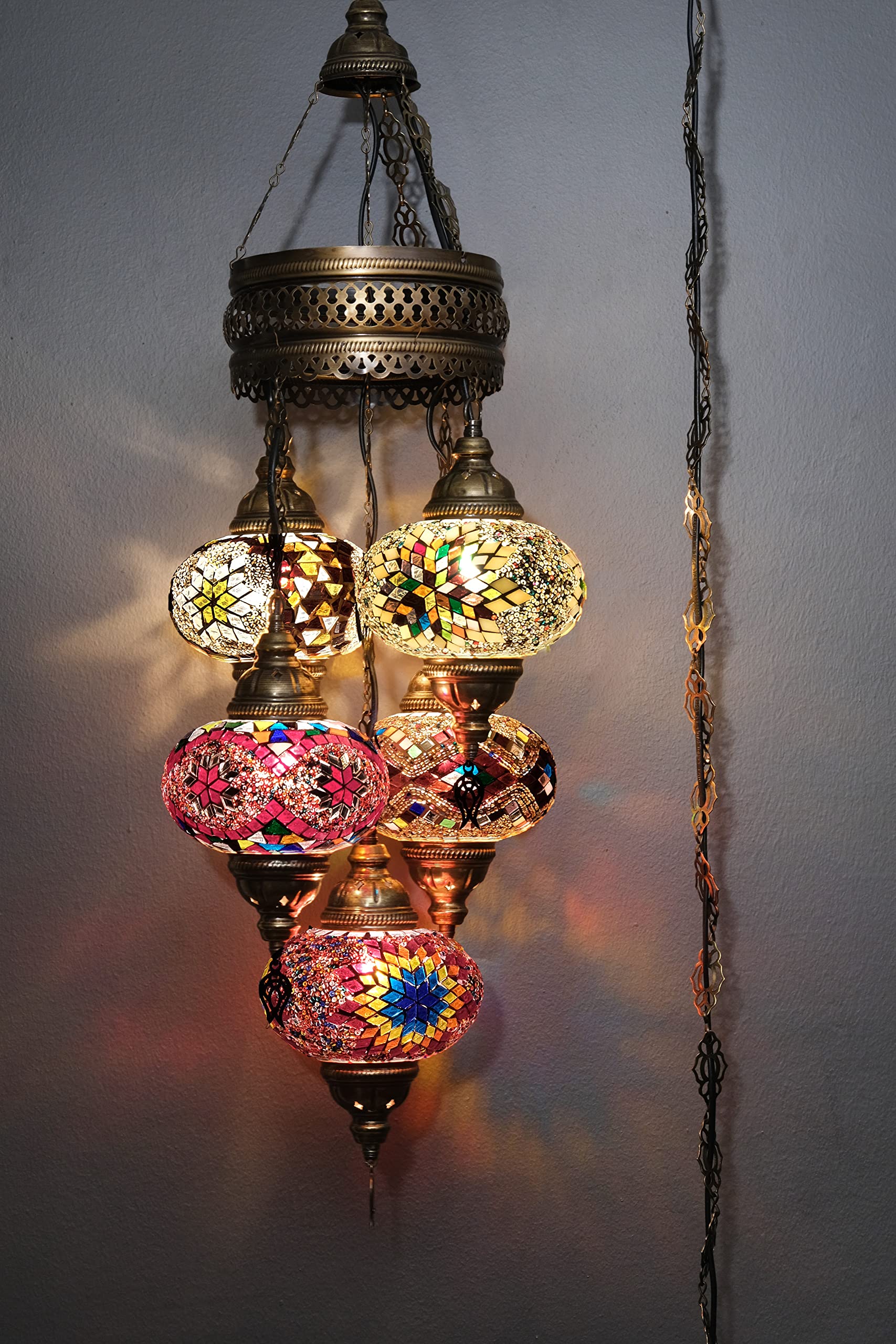 5 Globe Turkish Pendant Ligting, Mosaic Turkish Moroccan Hanging Lamp, Ceiling Decorative Dining Lamp, 3 Feet Height 7 inch Globes (HotMix)