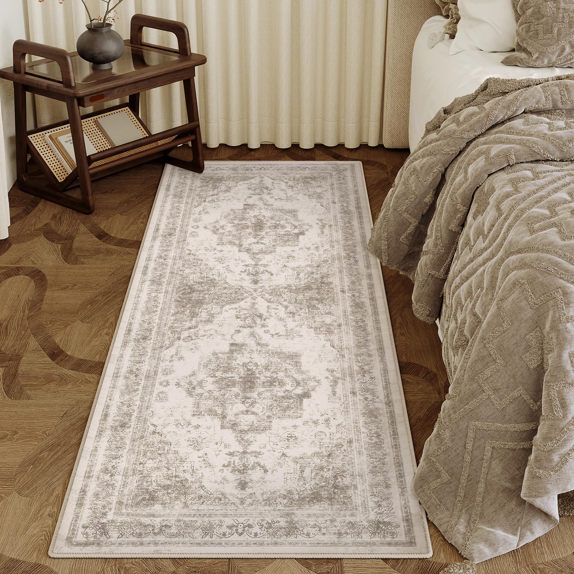HUGEAR Vintage Passatoia Tappeto Corridoio Beige Tappeti 60x180cm Cucina Antiscivolo Lavabile in Lavatrice Tapette Camera da Letto Scendiletto Cameretta Ufficio Pelo Corto Lungo Carpet