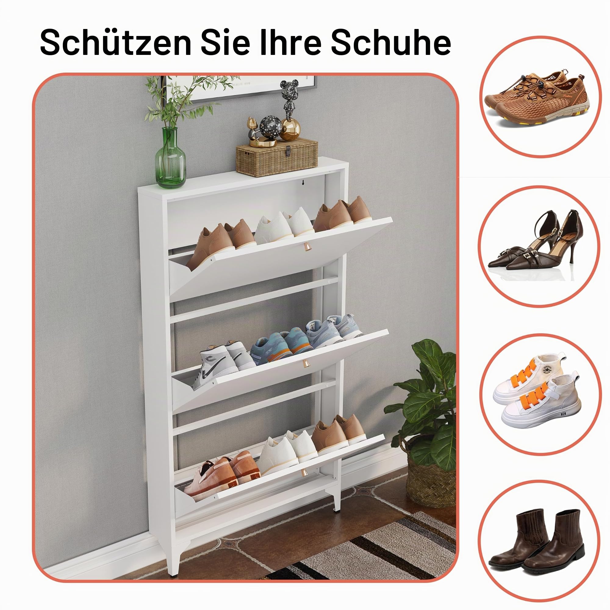 Schuhschrank mit 3 Klappschubladen, schmaler Schuhaufbewahrungsschrank, Bauernhaus-Schuh-Organizer, freistehender Organizer mit Metallbeinen für Eingang, Foyer, Flur, Weiß