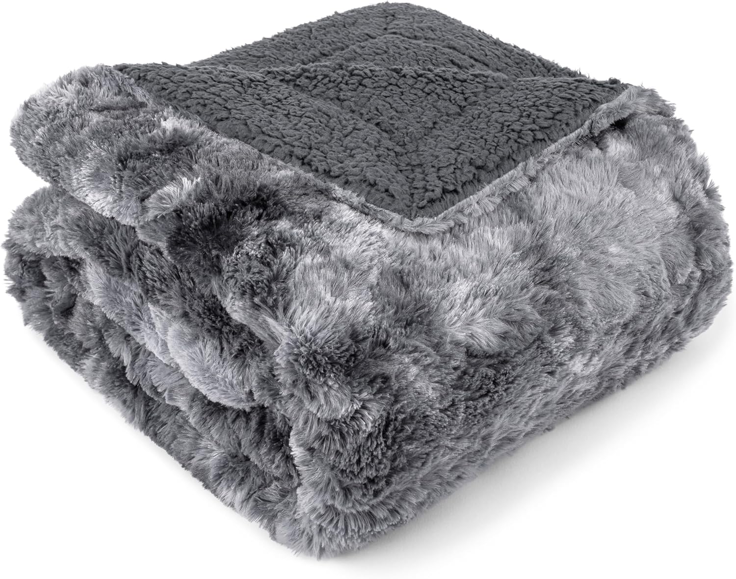 PAVILIA Faux Fur King Bed Blanket Tie-Dye Grey, Soft Fuzzy Warm Sherpa Blanket for Bed, Fluffy Plush Thick Fleece Blanket for Couch Sofa, Reversible Furry Shaggy Large Blanket, Grey 90x108 - Image 2