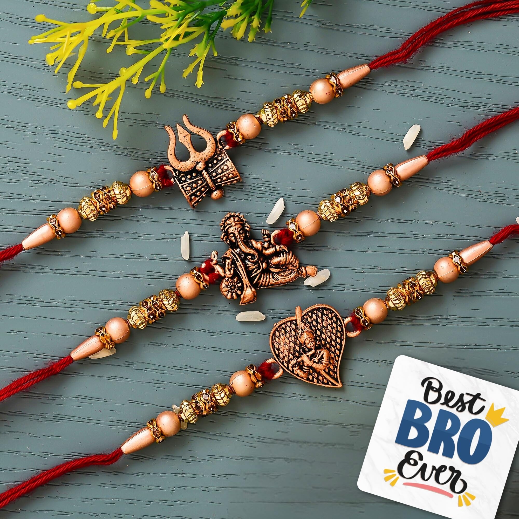 eCraftIndia Set of 3 Red & Golden Trishul with Damru, Lord Ganesha, & Lord Krishna Playing Flute Religious Rakhis with Roli Chawal Pack and Best Bro Ever Fridge Magnet