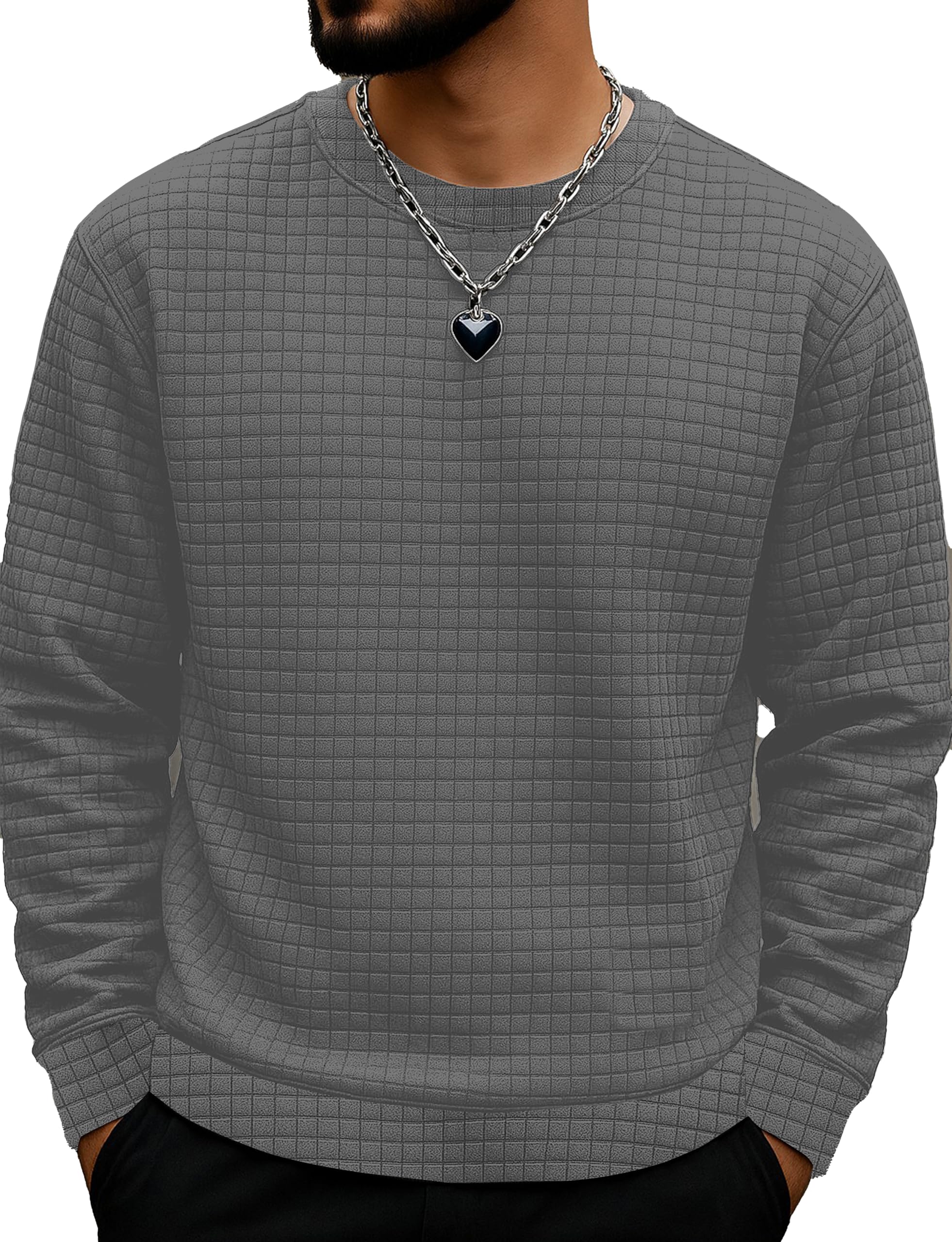 kajaru Quilted Pattern Long Sleeve Sweatshirt, Round Neck, Men's Casual Pullover, Grey, Black, Beige-picture-38