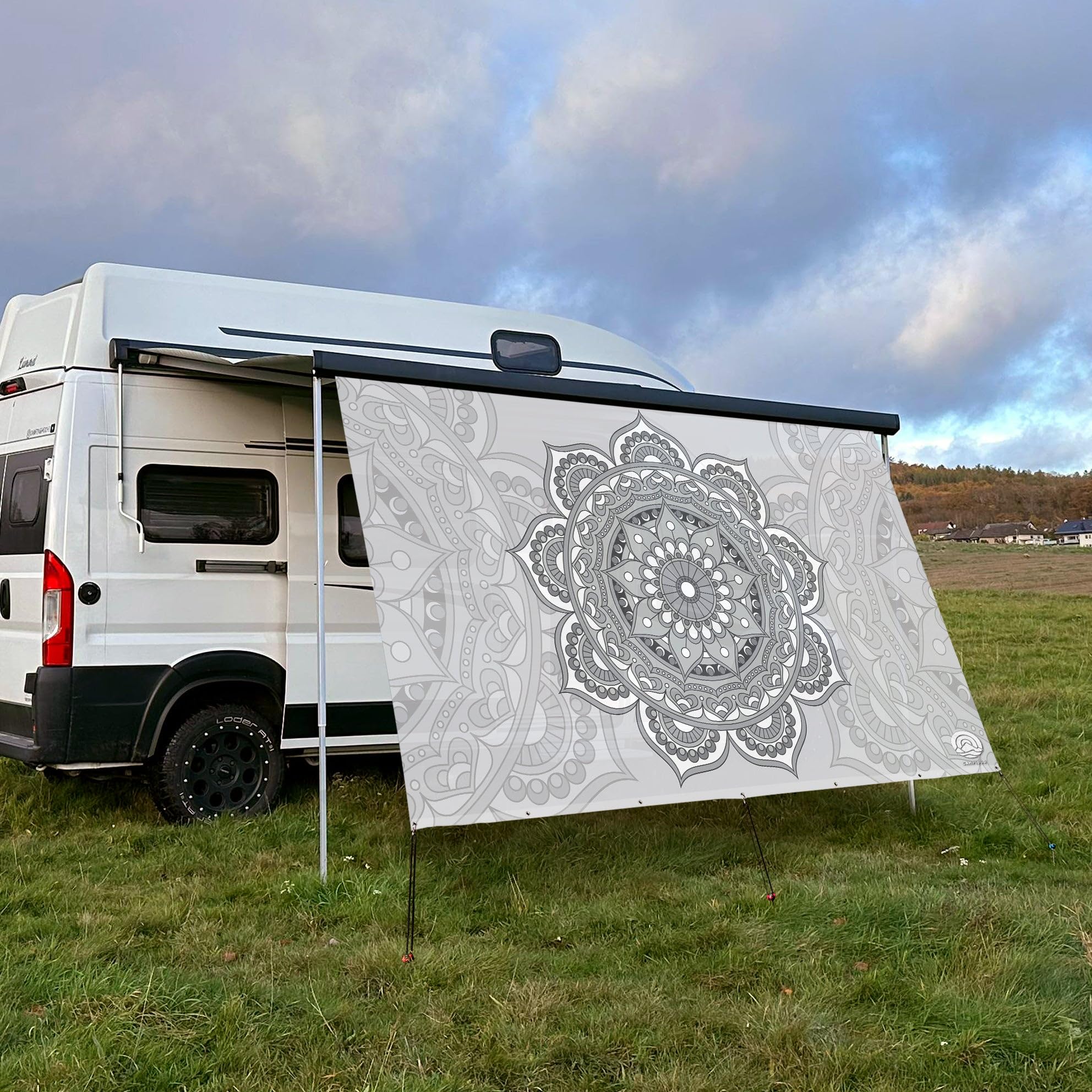 Textil Sonnensegel Mandala Grau | Höhe 200cm | hochwertiger Fotodruck inkl. Keder-Befestigung | Markisen-Vorderwand - Länge/Keder: 200cm / 5 mm Keder