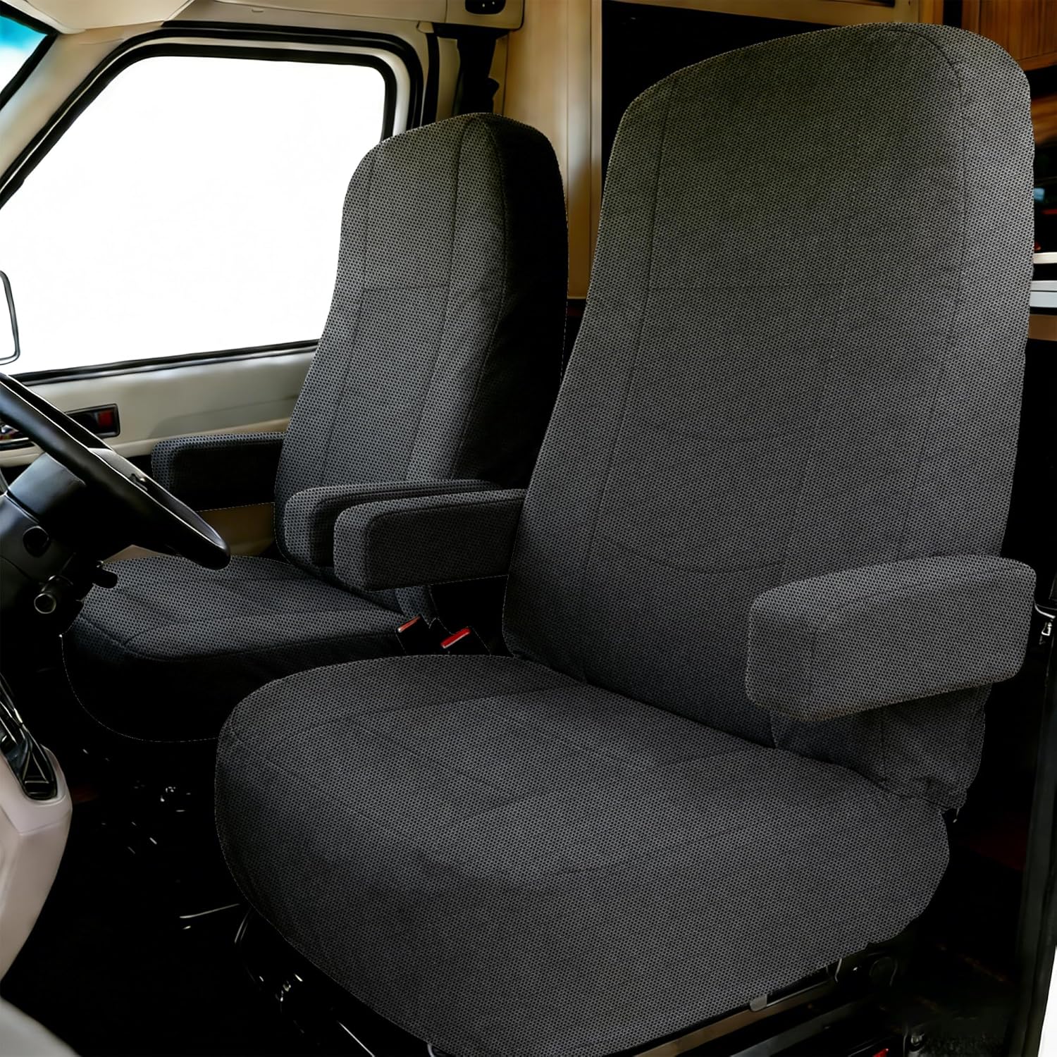 2Pcs Heavy-Duty Knitted Mesh RV Seat Covers for Captains Chairs,Motorhome Seat Covers for Class-Awith Side Storage Pockets, Universal Fit Design in Black