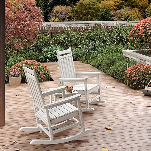Miniatura 7 de Juego de 2 mecedoras de madera de polietileno para exteriores con mesa auxiliar, sillas mecedoras de porche de respaldo alto de polietileno de