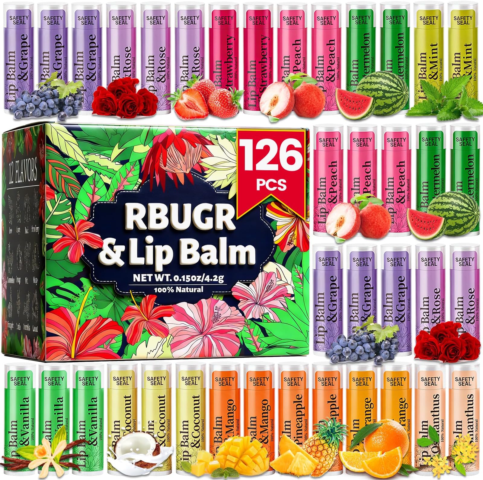126 Pcs Lip Balm Bulk- 12-Flavored Natural Organic Moisturizing Lip Balm Set for Cracked Lips, Bulk Pack Valentine Party Favors Gifts (4.2g/0.15oz)