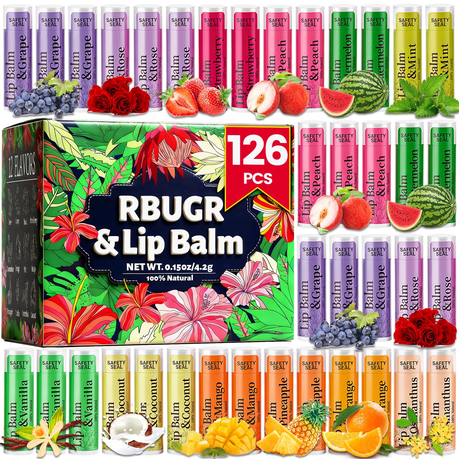 126 Pcs Lip Balm Bulk- 12-Flavored Natural Organic Moisturizing Lip Balm Set for Cracked Lips, Bulk Pack Valentine Party Favors Gifts (4.2g/0.15oz)