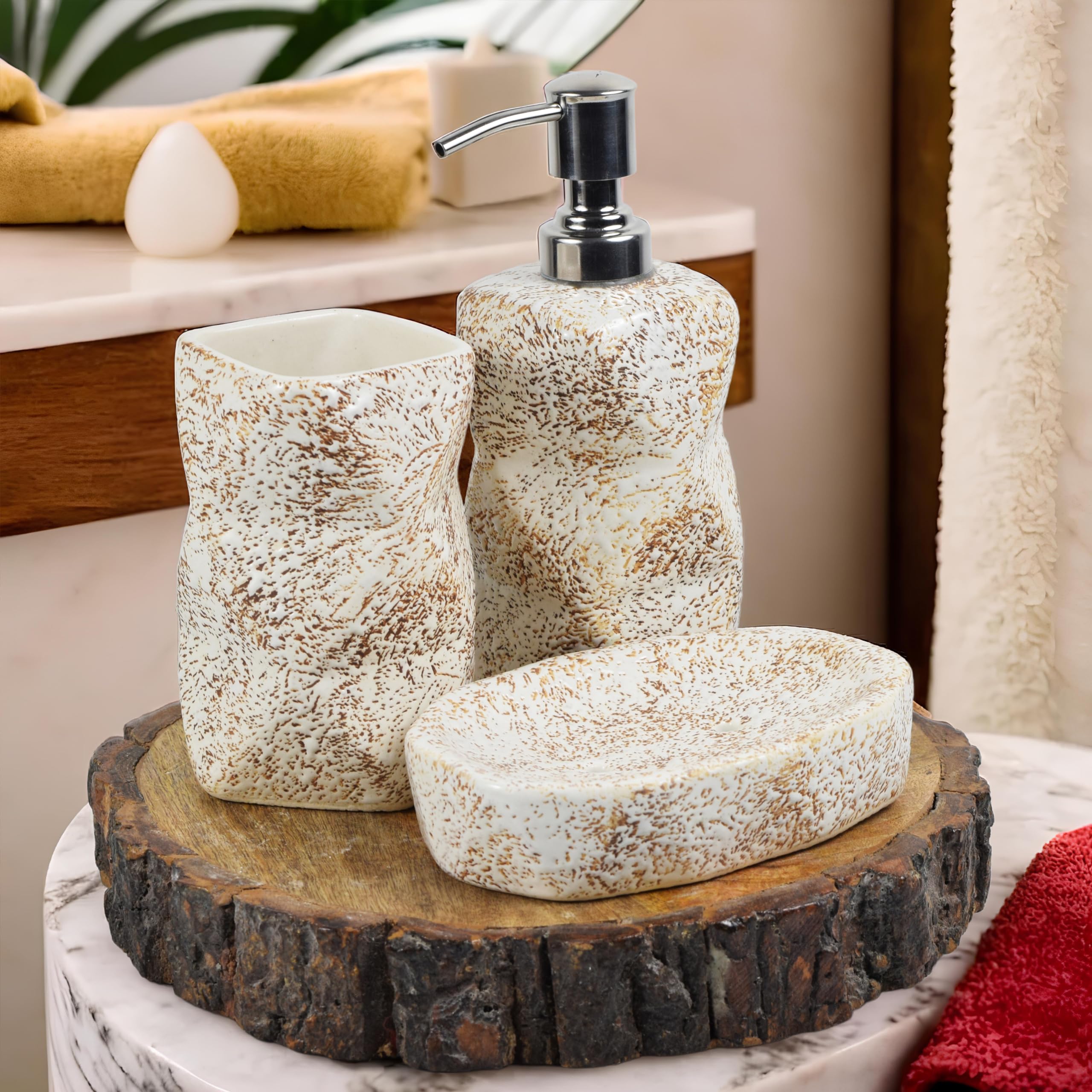 Kaolinite Ceramic Bathroom Accessories Set for Utility and Bathroom Decor | Liquid Soap Dispenser, soap Tray, Toothbrus Holder (Brown) (B0CYZXRZMP) Amazon Price History, Amazon Price Tracker