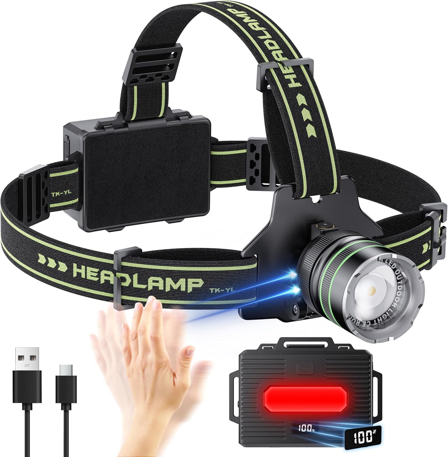 TULIB Headlamp Rechargeable, 990000LM LED Super Bright Head Lamp, 60h Battery Life Zoomable Head Light with Motion Sensor, 10 Modes, 90°Angle, Waterproof, Fluorescent Strap for Adults, Men, Women