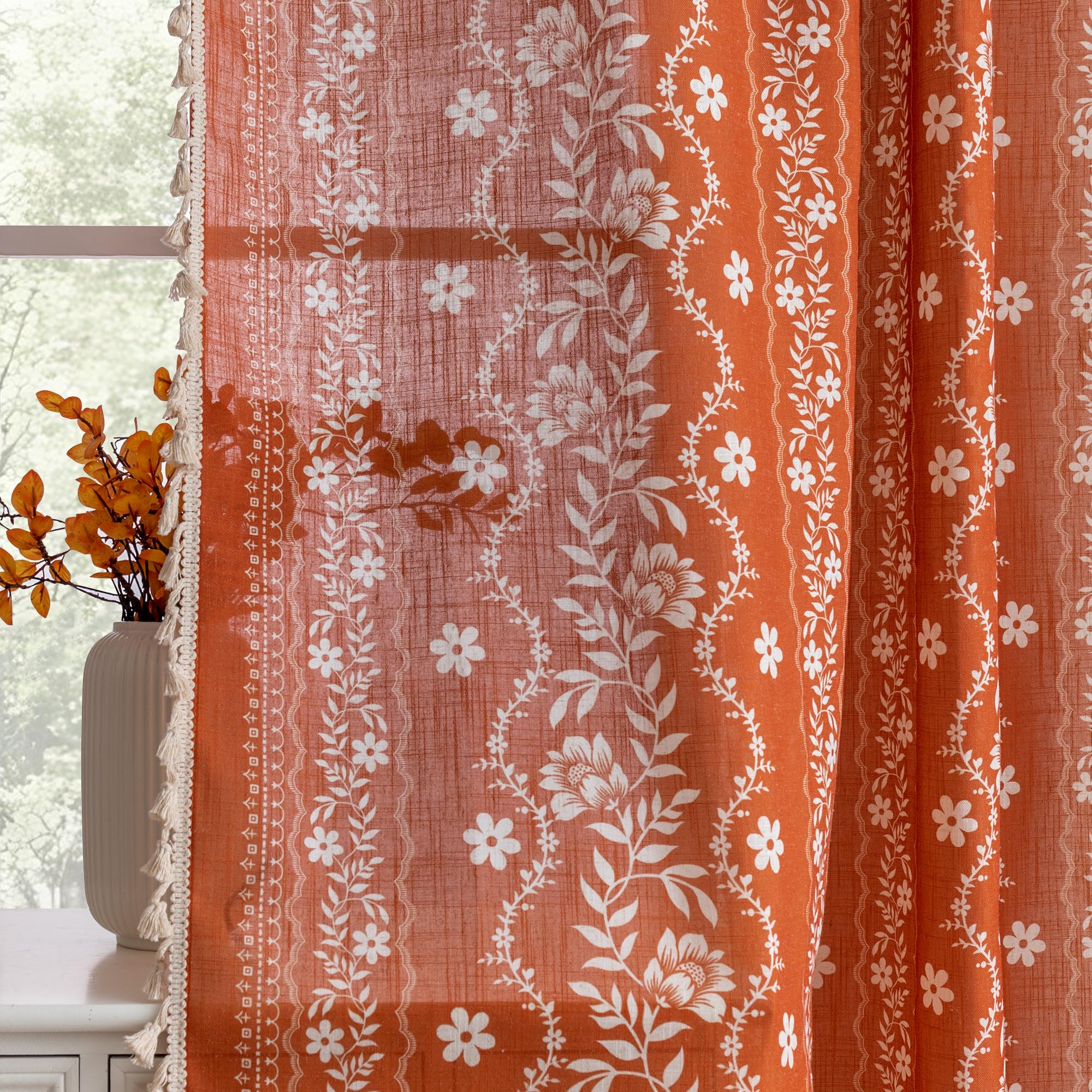 MYSKY HOME Terracotta Boho Floral Linen Curtains 84 Inch Length for Bedroom