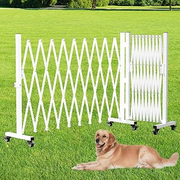 Retractable Outdoor Dog Gate, 207 Wide Driveway Gate Expandable Portable Fence, Two-Segment 0-180 Degrees Rotatable Design Yard Garden Fence, Metal Safety Barrier Gates White, 39.76 * 213
