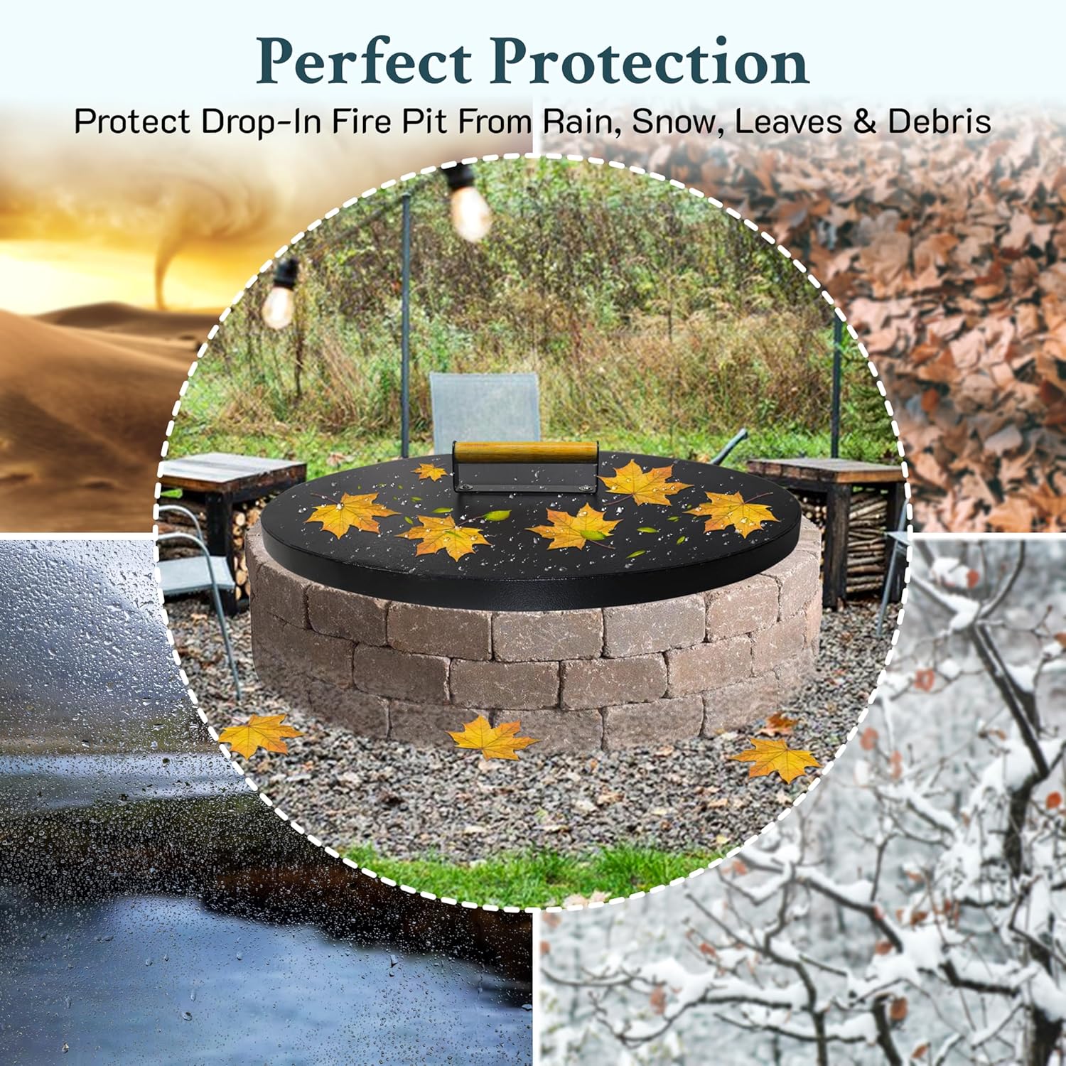 30” Round Fire Pit Lid – Powder Coated fire pit cover metal for Outdoor Fireplace -16 Gauge Steel Flat FirePit Burner Pan Cover with Wooden Handle Snuffer Lid for Round Patio FirePit Ring