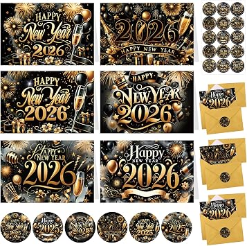 Fancy Land Happy New Year Cards 2026 New Year Greeting Cards with Envelopes Gold Holiday Notes for Party Supplies Favors 12Pcs