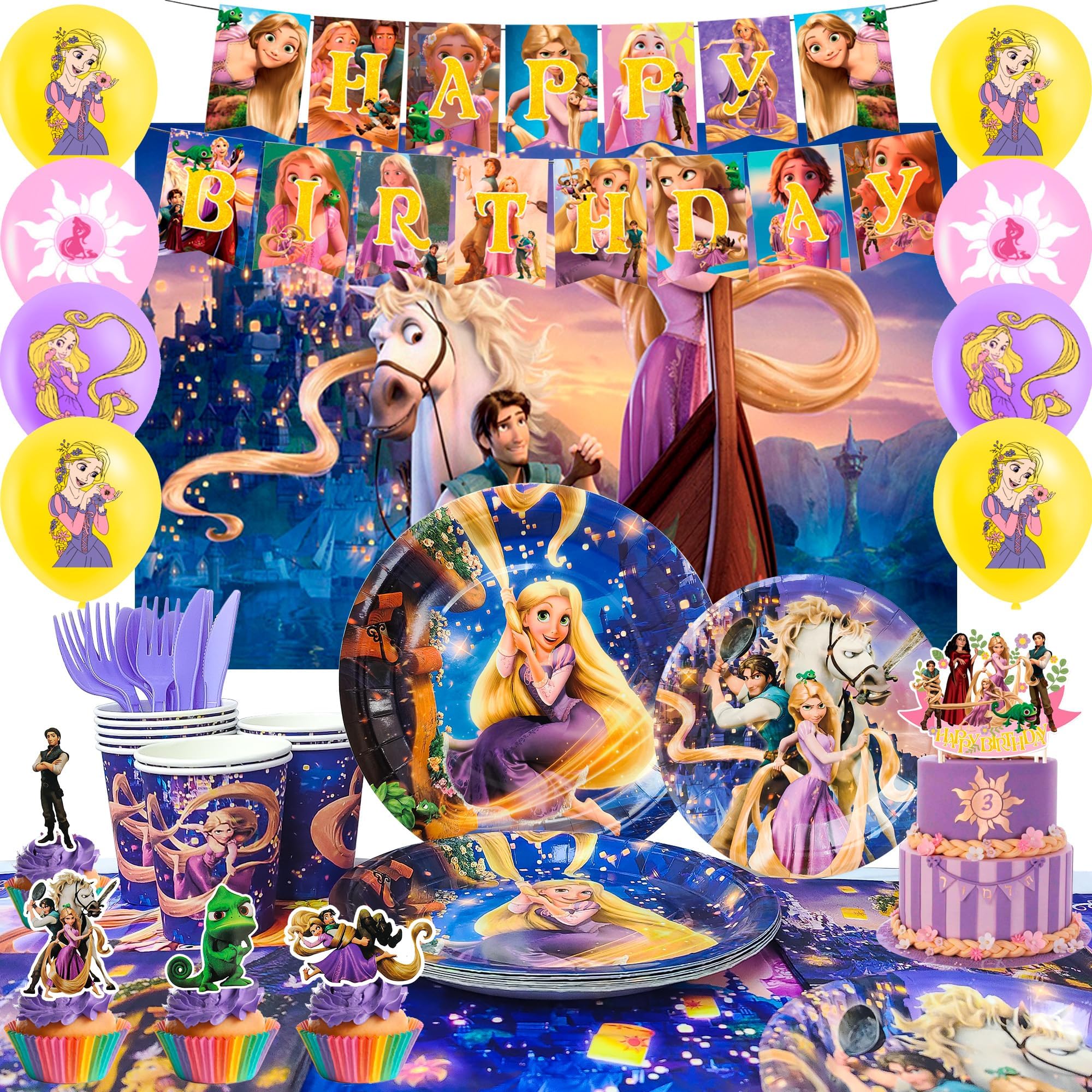 Cartoon Birthday Decorations, 112pcs Cartoon Party Decorations & Cartoon Tableware set Cartoon Birthday Plates Napkins & Cartoon Balloons Banner Cake Topper etc Cartoon Birthday Party Supplies