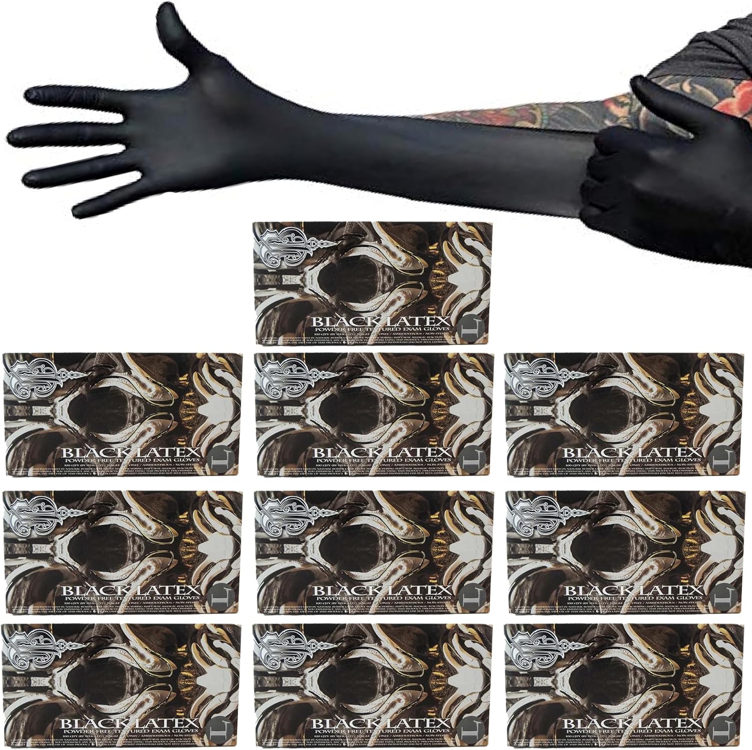 Blackwork Latex Gloves- 1000ct-Case, 100ct-Box, X-Small to X-Large- Black, textured, 6mil, Powder-Free, Exam Gloves