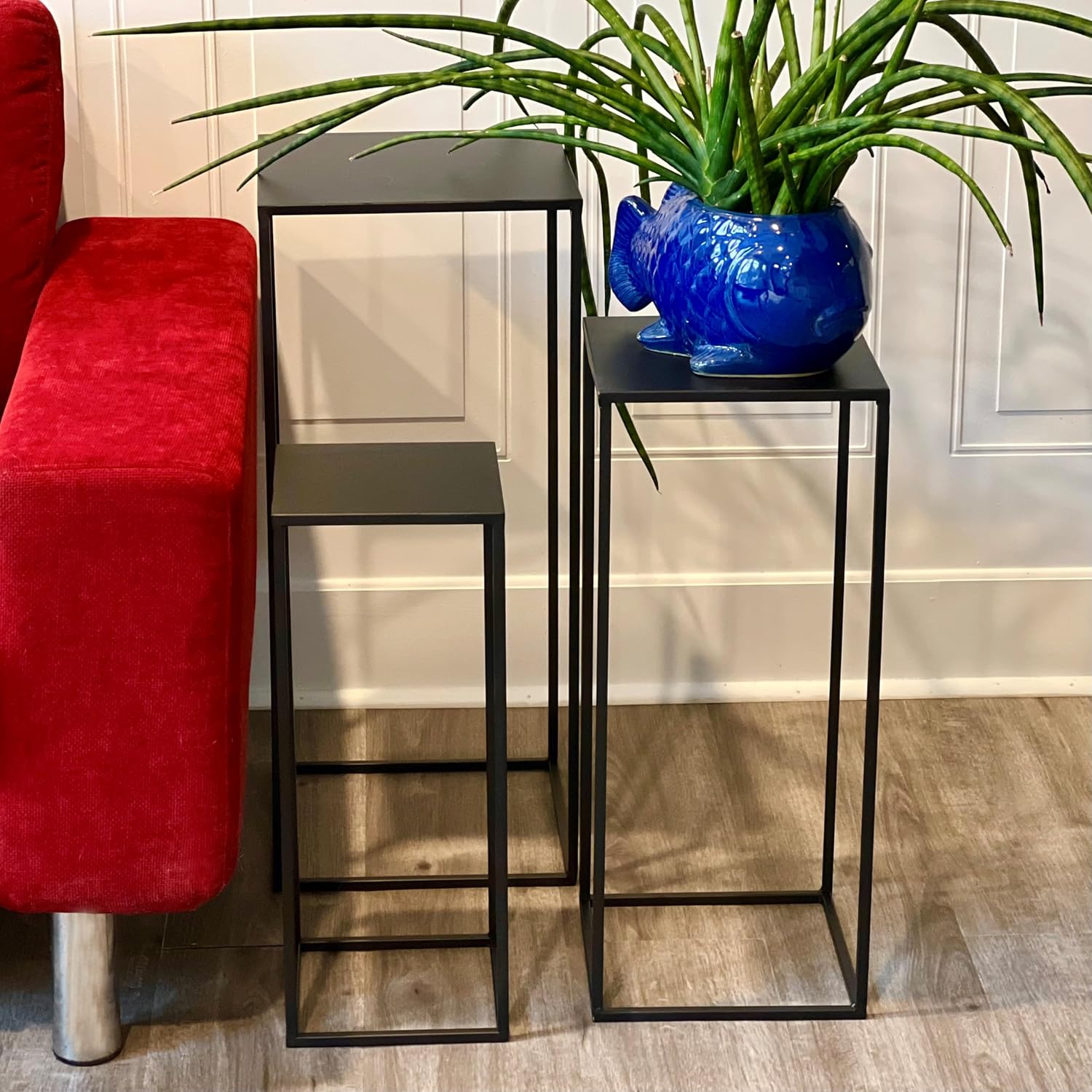 WHW Whole House Worlds Modernist Accent Tables, Set of 3, Nesting Stands, Slim Line Pedestals, Black, Rust Resistant Metal, 23.5, 27.5, and 19.75 Inches