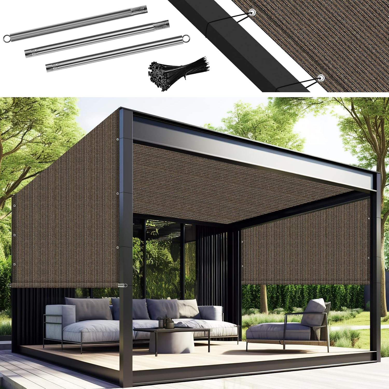 Amagenix 10' W x 16' L Pergola Shade Cover, Pergola Replacement Canopy Privacy Screen with Grommets and Stainless Steel Weighted Rods for Outdoor Patio, Mocha