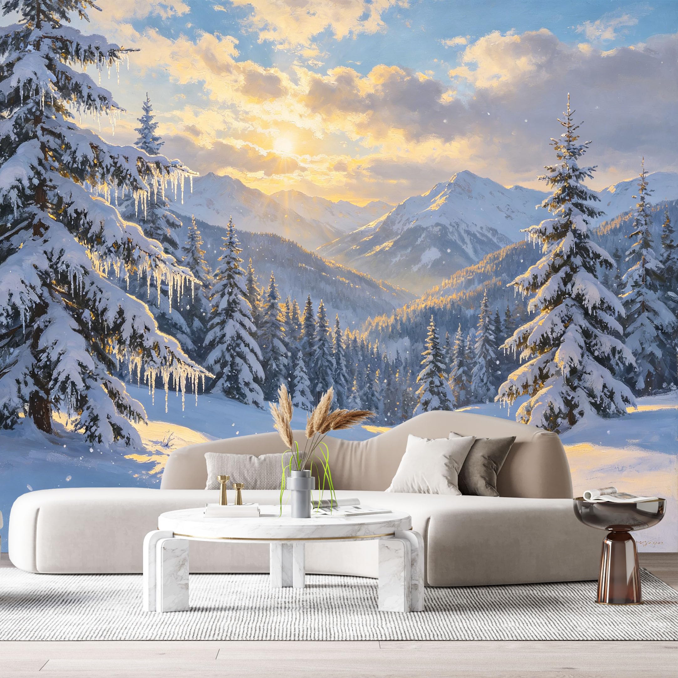 Custom Size Wall Murals Snowy Mountain Landscape Sunrise Forest Oil Painting SelfAdhesive Wall Fabric Removable Large Wallpaper for Photo Living Room