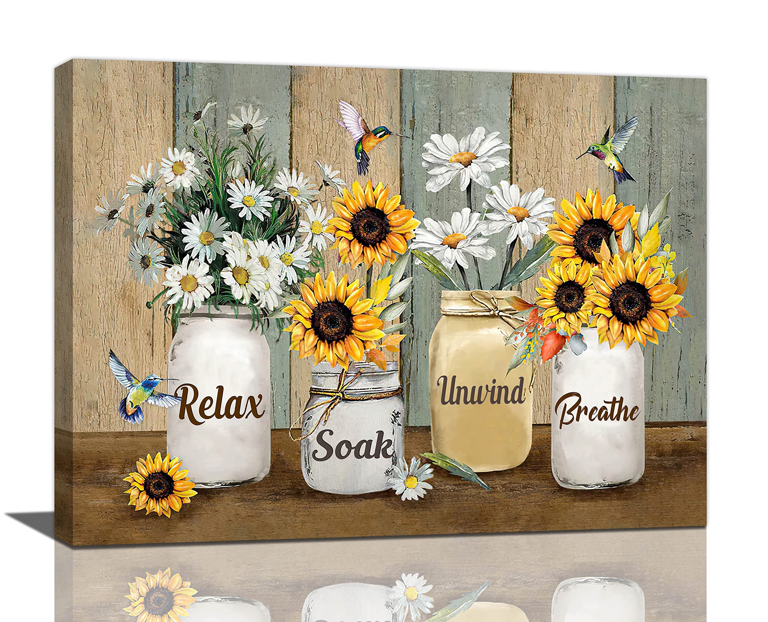 LMYSXAOZ Farmhouse Sunflower Daisy Bathroom Decor Wall Art Rustic Hummingbird Yellow Floral Pictures Relax Soak Unwind Sign Canvas Painting Prints Artwork Framed for Bedroom 24"x16"