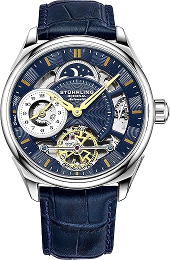 Stuhrling Mens Automatic Dress Watch Stainless Steel with Automatic Skeleton Mechanical Movement with Duel Time Sub-Dial and AM/PM Indicator and Adjustable Stainless Steel Link…