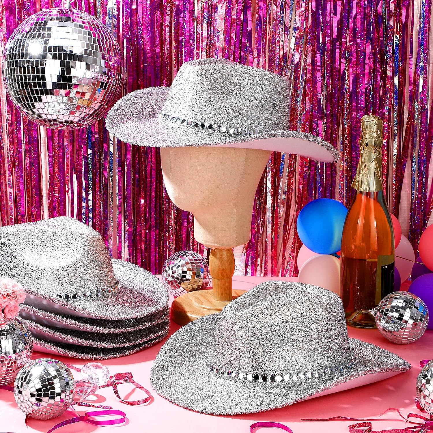 Hercicy 6 Pack Western Cowboy Hats with Rhinestone Tassel Bands Sequin Trim Sparkly Cowgirl Party Hats for Adults Women Men