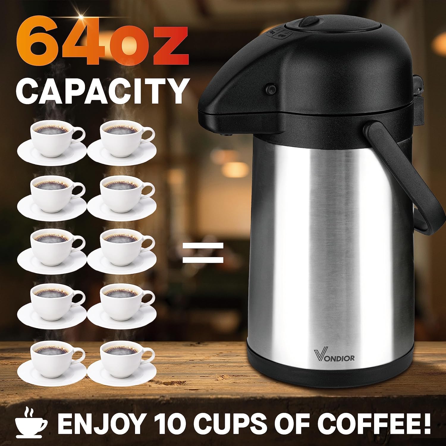 64 Oz Airpot Coffee Dispenser with Pump, Insulated Thermal Coffee Carafe - Stainless Steel Hot Beverage Dispenser - Thermos Urn for Hot/Cold Water, Drink Dispenser for Parties - Image 5