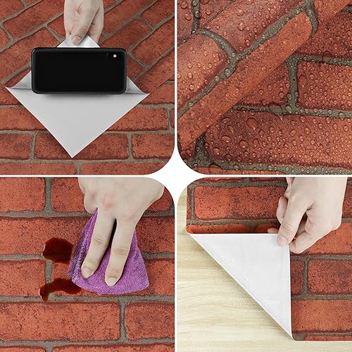 Miniatura 6 de Skyblur Papel tapiz de ladrillo sintético, rollo de papel adhesivo de ladrillo marrón, 15.7 x 118 pulgadas, papel tapiz adhesivo de ladrillo