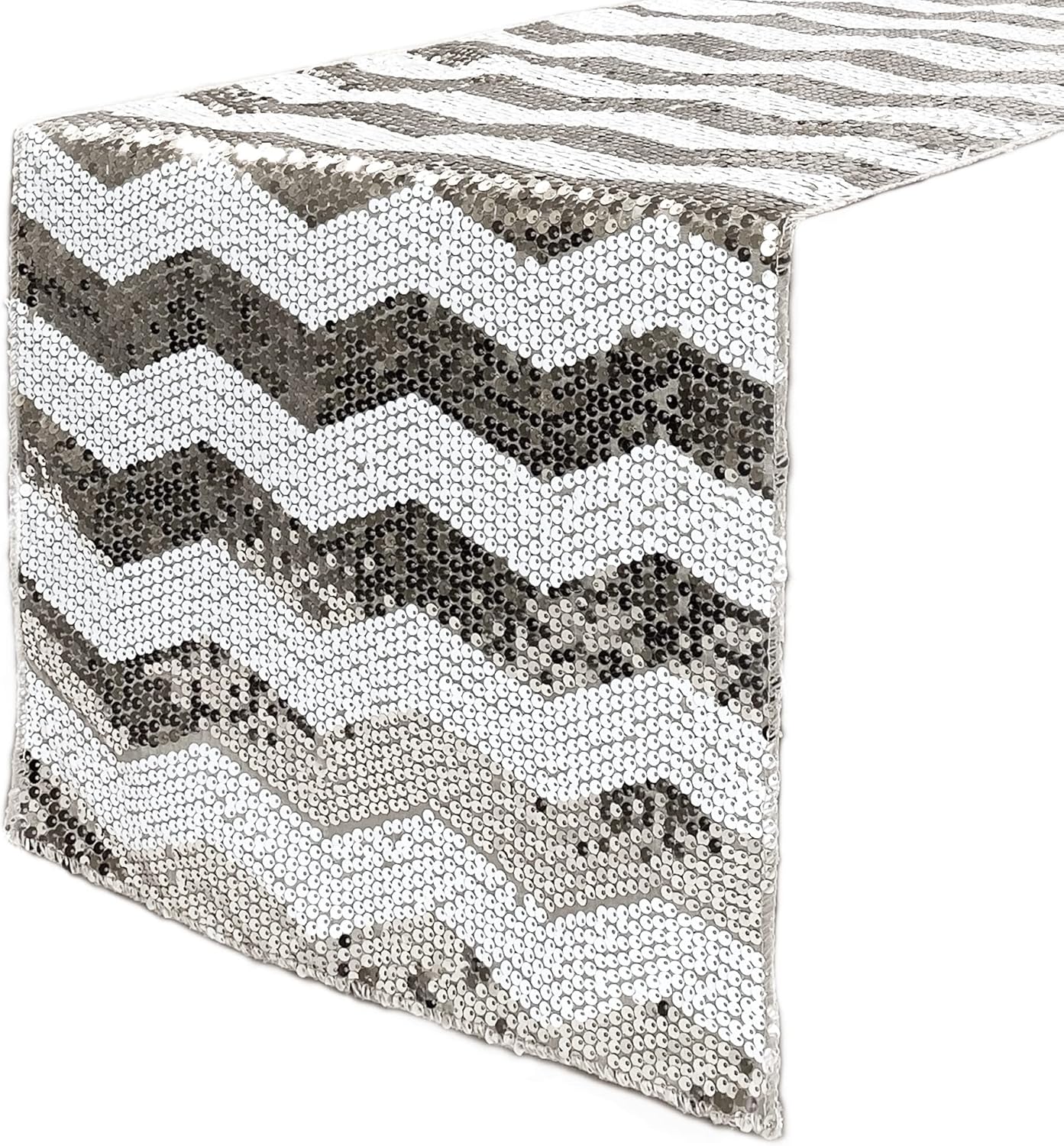 Your Chair Covers - 14 x 108 inch Chevron Sequin Table Runner White and Silver, Glitz Table Runner for Weddings, Events, Hotels and Catering Services