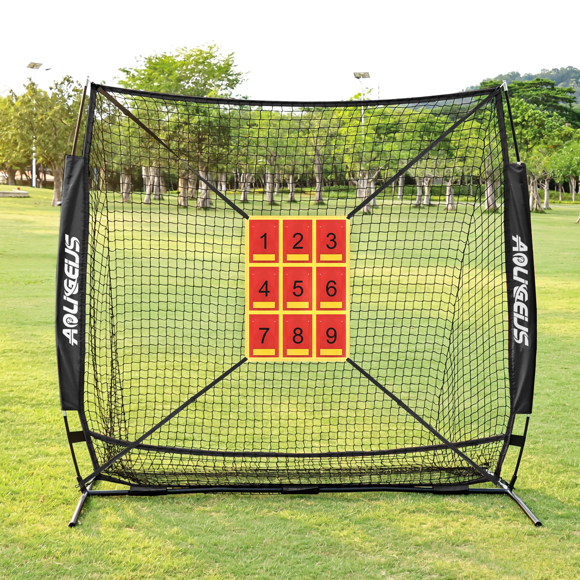 Red de práctica de béisbol y sóftbol de 7 x 7 pies, red de lanzamiento, red de bateo, con zona de golpe adicional, objetivo y objetivo de zona de golpe ajustable, para golpear, lanzar y