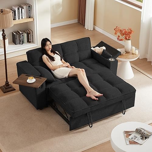 Miniatura 105 de sofá cama de terciopelo de 58 pulgadas, convertible 3 en 1 con bolsa de almacenamiento y respaldo ajustable, perfecto para espacios pequeños, sala 7