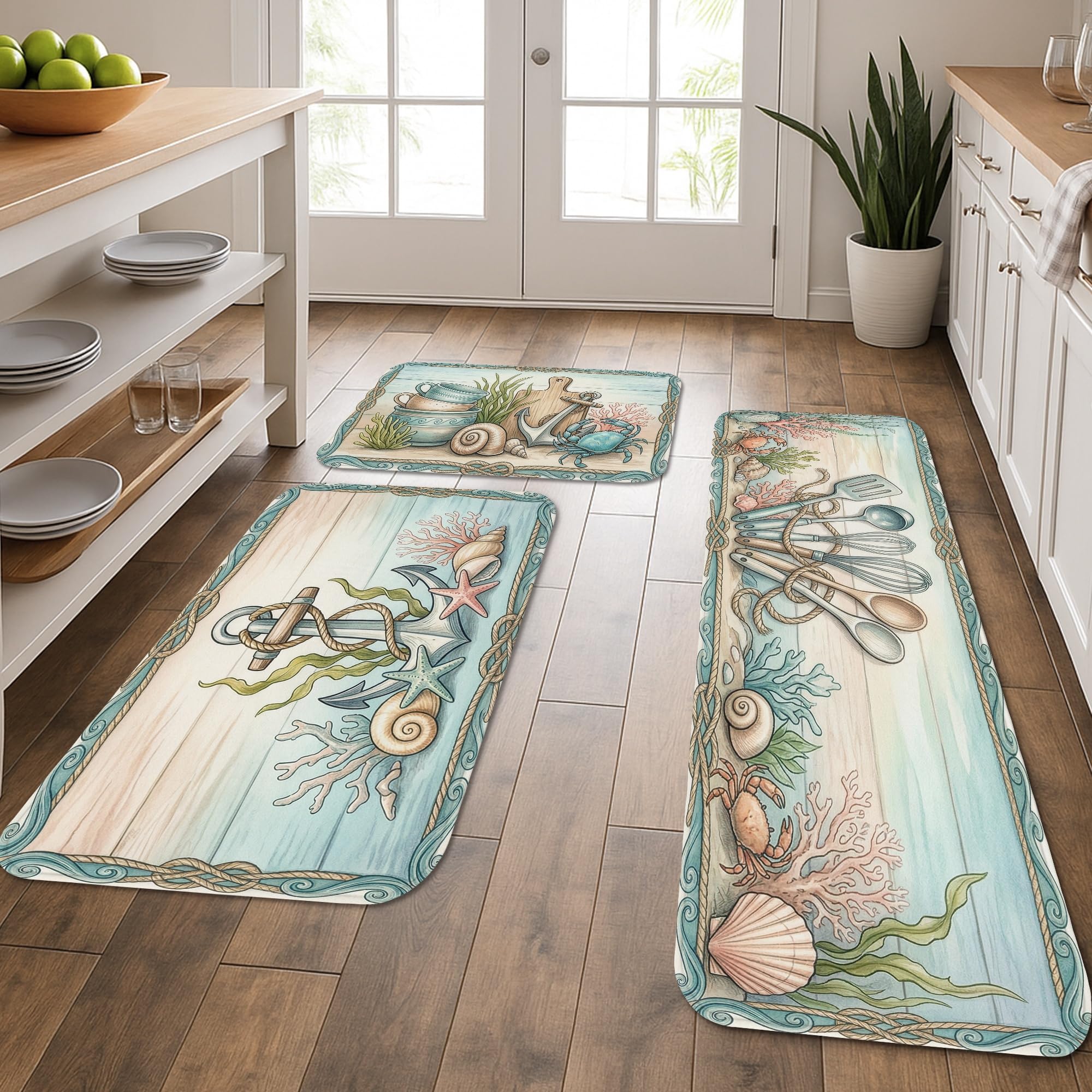 Tapis de cuisine lavable motif corail doux : lot de 3 tapis de sol salle de bain