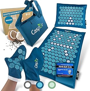 Akupressurmatte Set mit Kissen (Original), Tasche, Massagehandschuhe - akupunktur matte aus Leinen mit Kokosfasern, akkupressmatte Hilfe bei Verspannungen, Rückenschmerzen - Caspor®