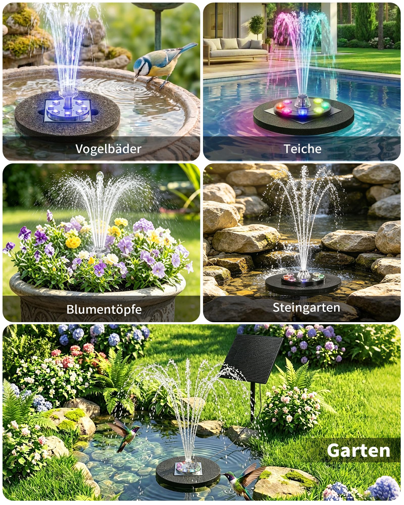 Pompa da laghetto solare 8W con batteria 1800mAh – Fontana solare per esterni per abbeveratoio per uccelli, piccolo laghetto e giochi d’acqua – 10 stili di zampillo e 8 LED colorati