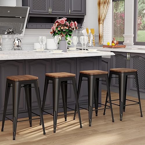 Tongli Juego de 4 taburetes de bar de 24 pulgadas, apilables, de altura de mostrador, taburetes de bar de metal sin espalda, taburetes de mostrador