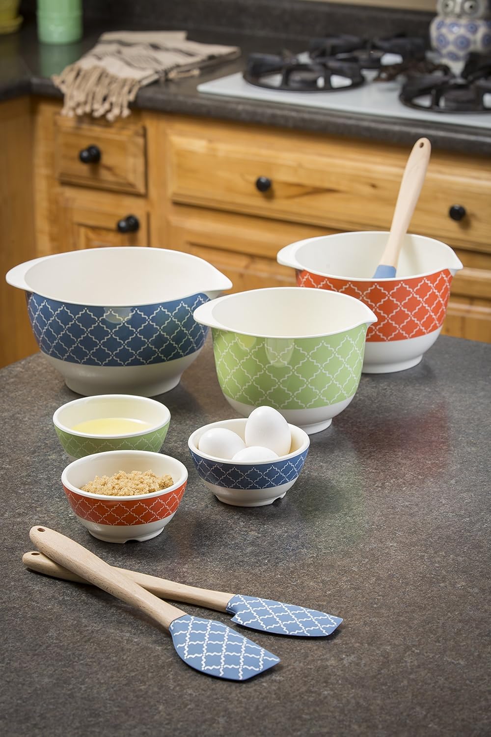 Tablecraft Farmhouse Collection Mixing Bowls (Set of 3) 2.5/2/1.5 quart, Blue/Orange/Green
