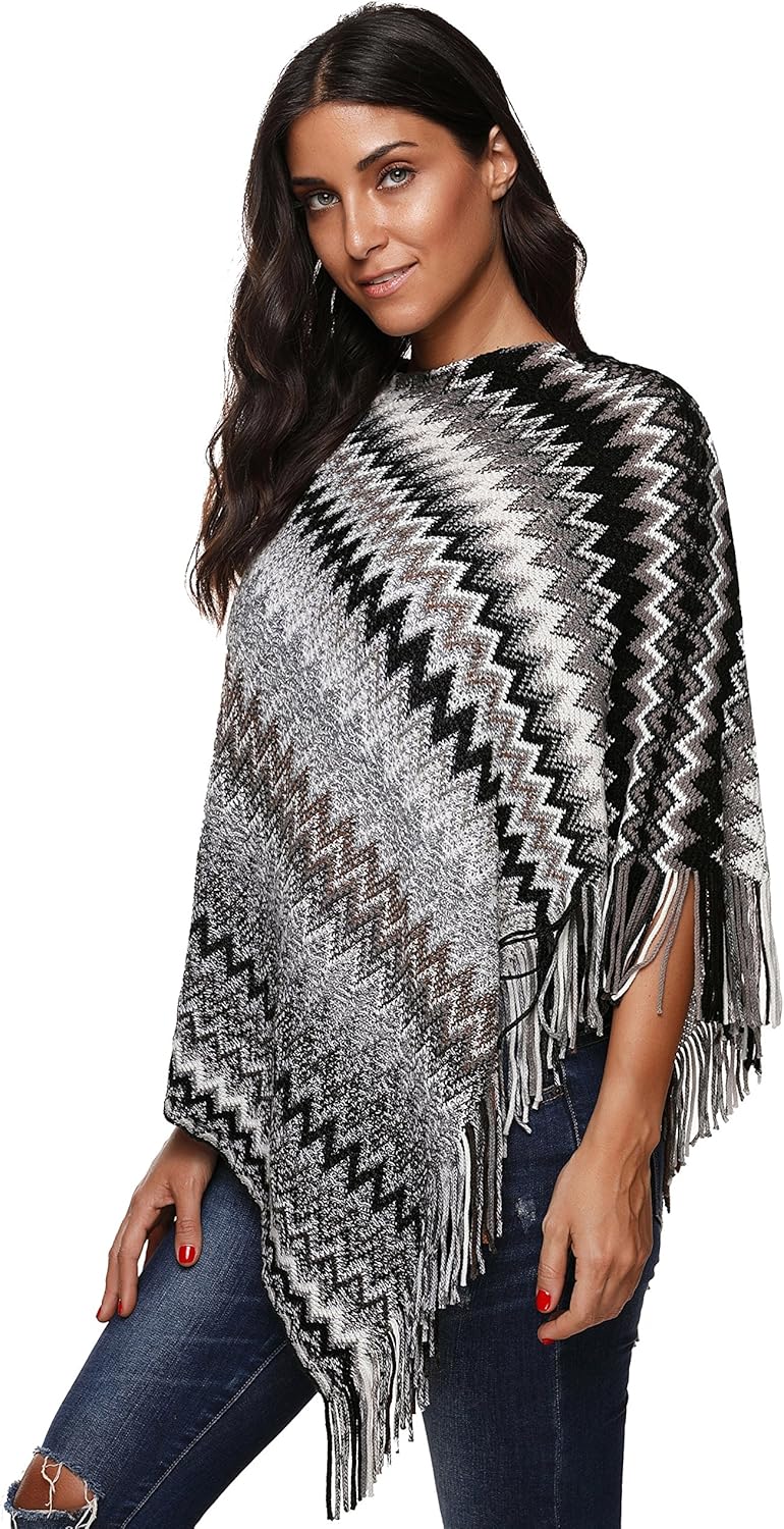 SherryDC Women's Zig-Zag Knit Tassel Fringed Pullover Poncho Sweater Cape Shawl Wrap - Image 2