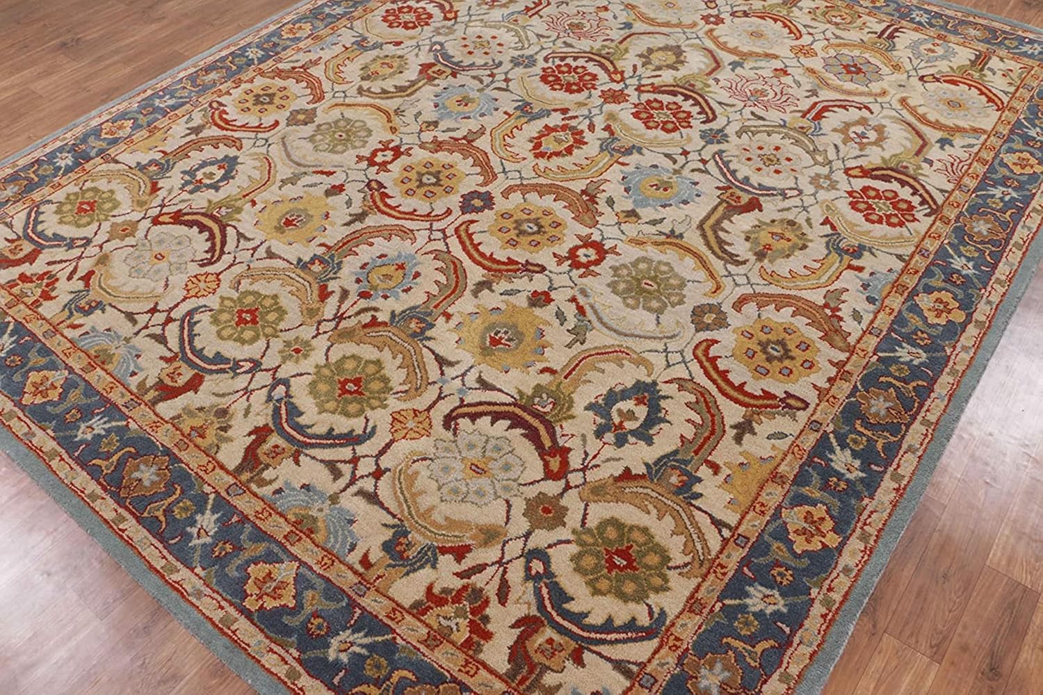 EVA Abbey Hand Tufted Wool Area Rug, Traditional Floral Design, Blue Border, Living Room, Bedroom, Dining Room Carpet Home Style Hand Crafted PB Rugs Various Sizes (8x10 Feet)