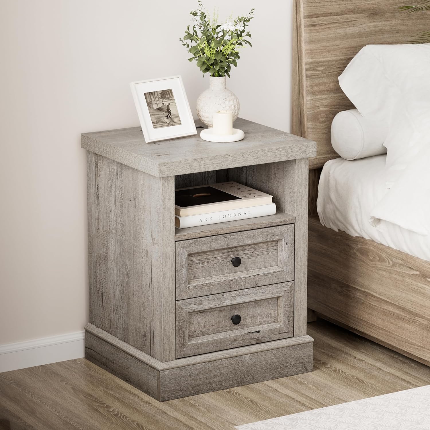 Farmhouse Nightstand with Charging Station, Classic Vintage Wood Bedside Table with Outlet & USB Ports, 2 Drawers and Open Shelf, Light Gray