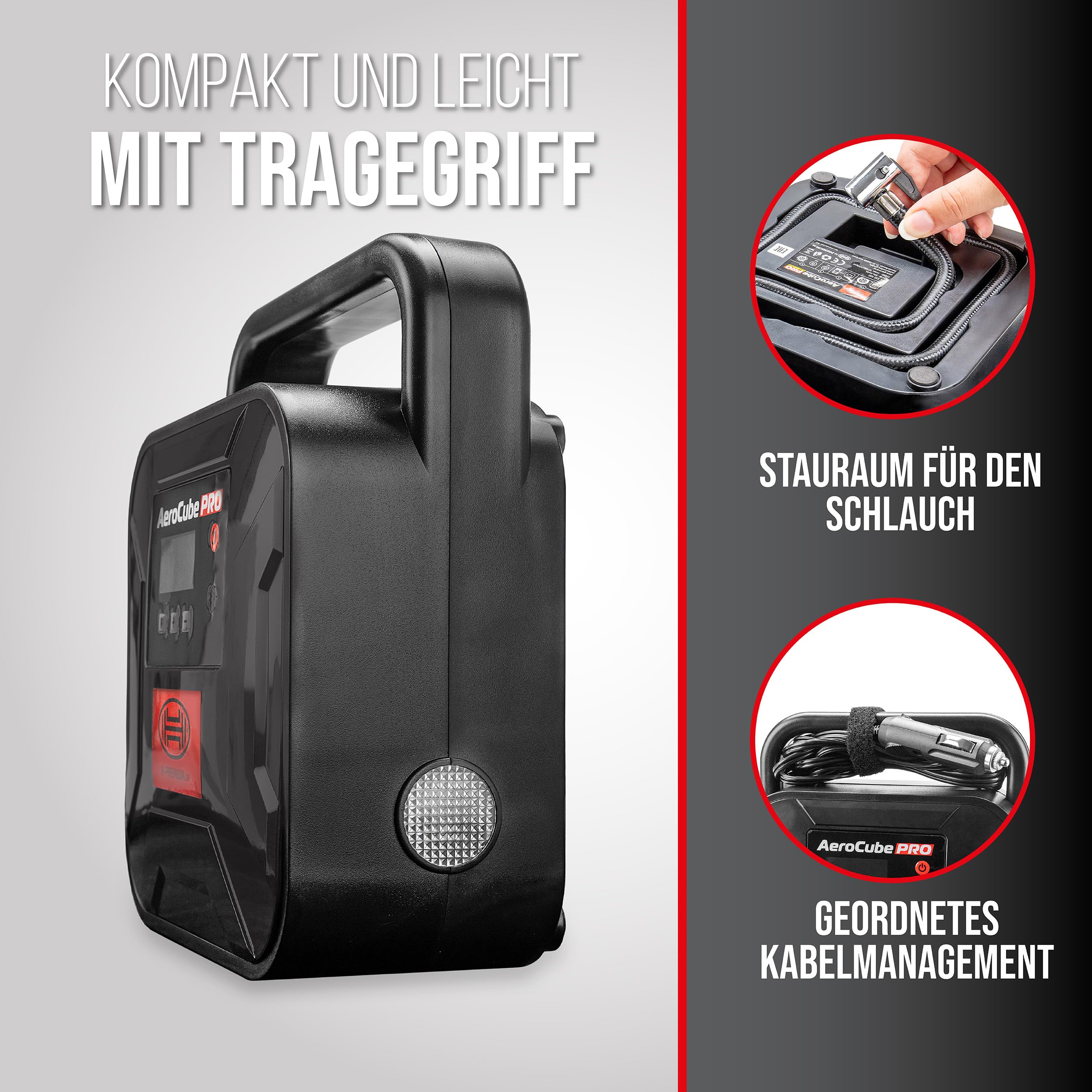 HEYNER® Kompressor mini I Tasche I 12V/120W Druckluft 10 bar/150PSI Digitales Manometer I LED Beleuchtung I elektrische Luftpumpe tragbarer Kompressor Zigarettenanzünder Autoreifen