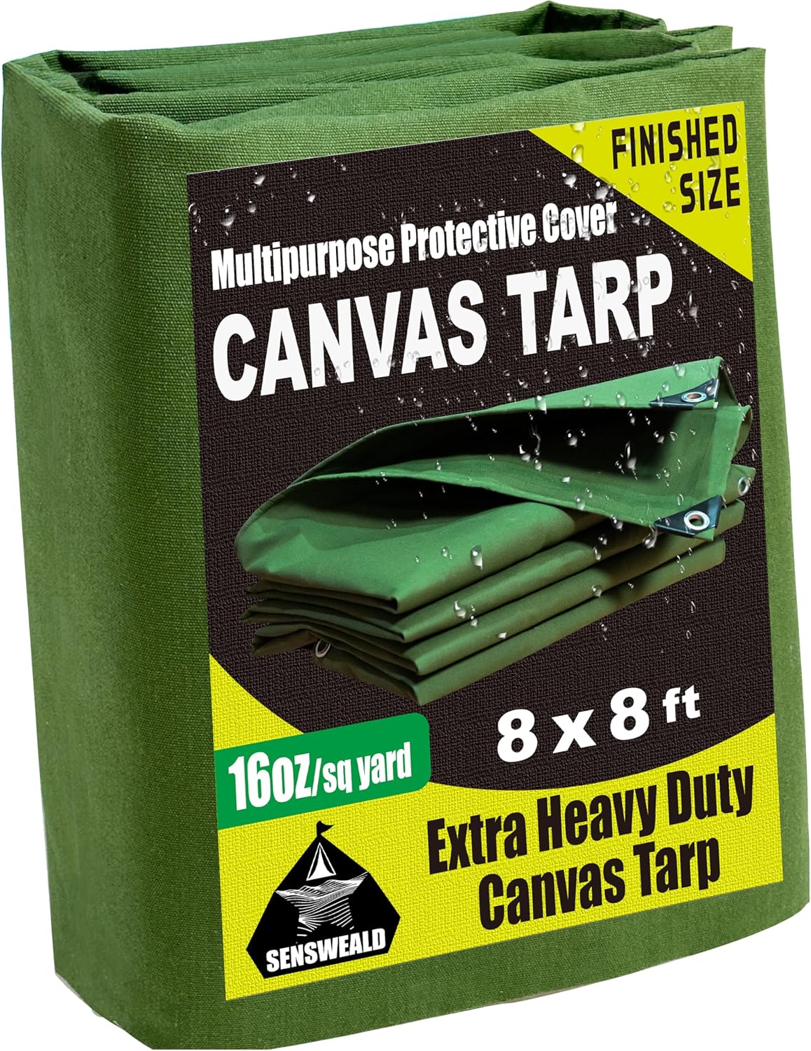 Heavy Duty Canvas Tarp 8x8 Feet 16oz Water-Resistant Canvas Cover with Grommets，Tear Resistant, Durable, Multipurpose Protective Green Tarp Cover for Camping, Tent, Car