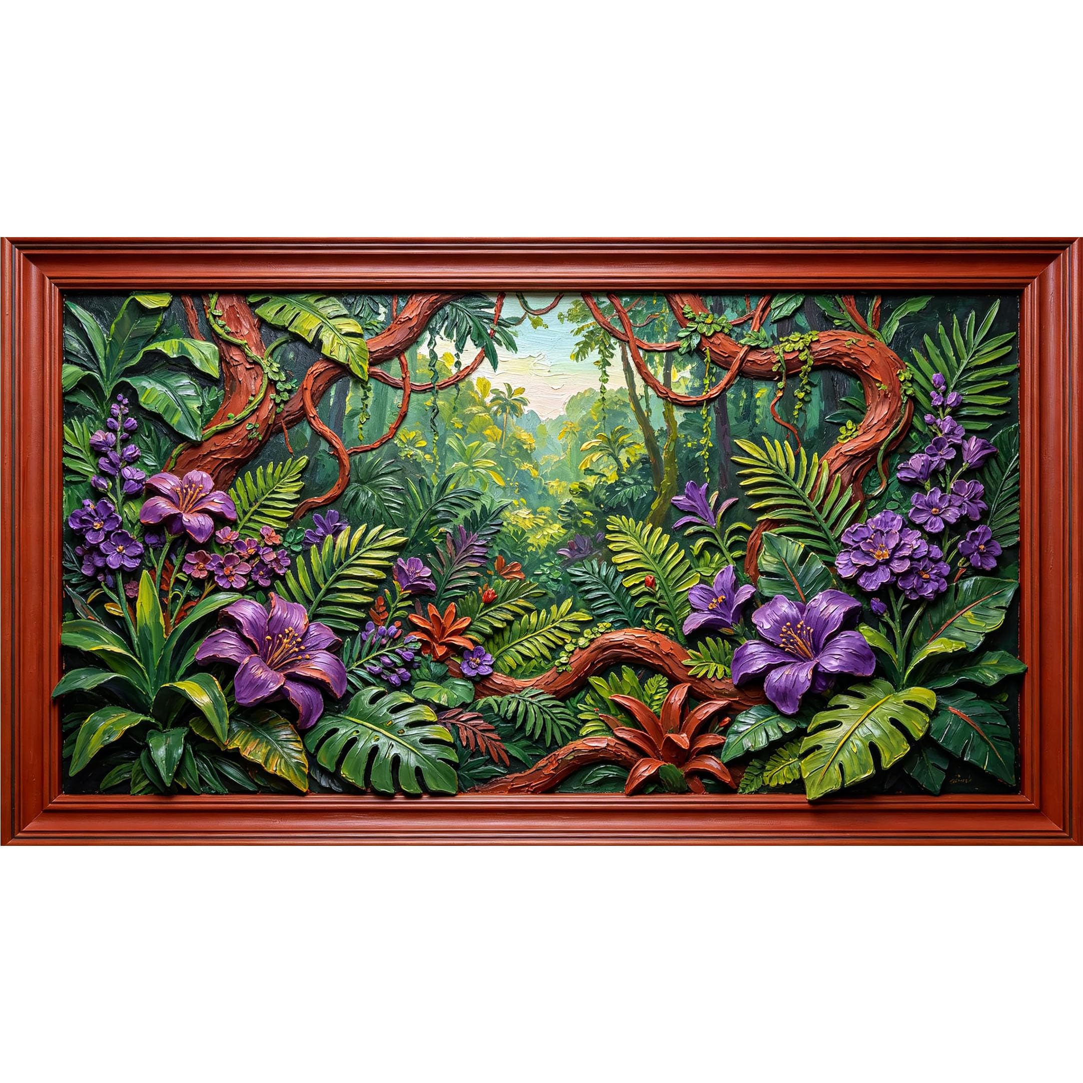 QZLITHOTIC 50×90cm3D Framed Wall Art， Tropical Jungle Purple Orchid Flower Self?Adhesive Mural， Water?Activated Peel & Stick Fabric Decor Wall Decal for Bedroom Living Room