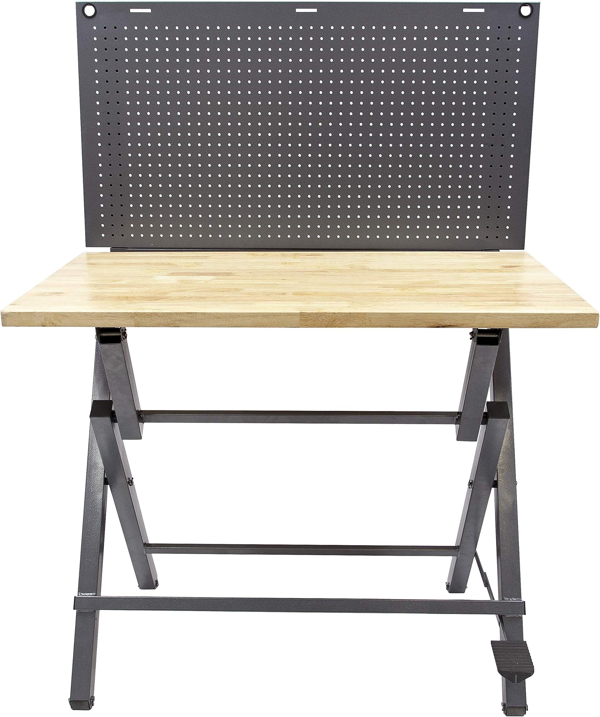 Might Foldable Heavy Duty Workbench and Garage Tool Organizer | Holds up to 750 pounds, for Power Tool Organization Storage Woodworking Electronics, Stainless Steel Pegboard, Anti-Rust/Corrosion