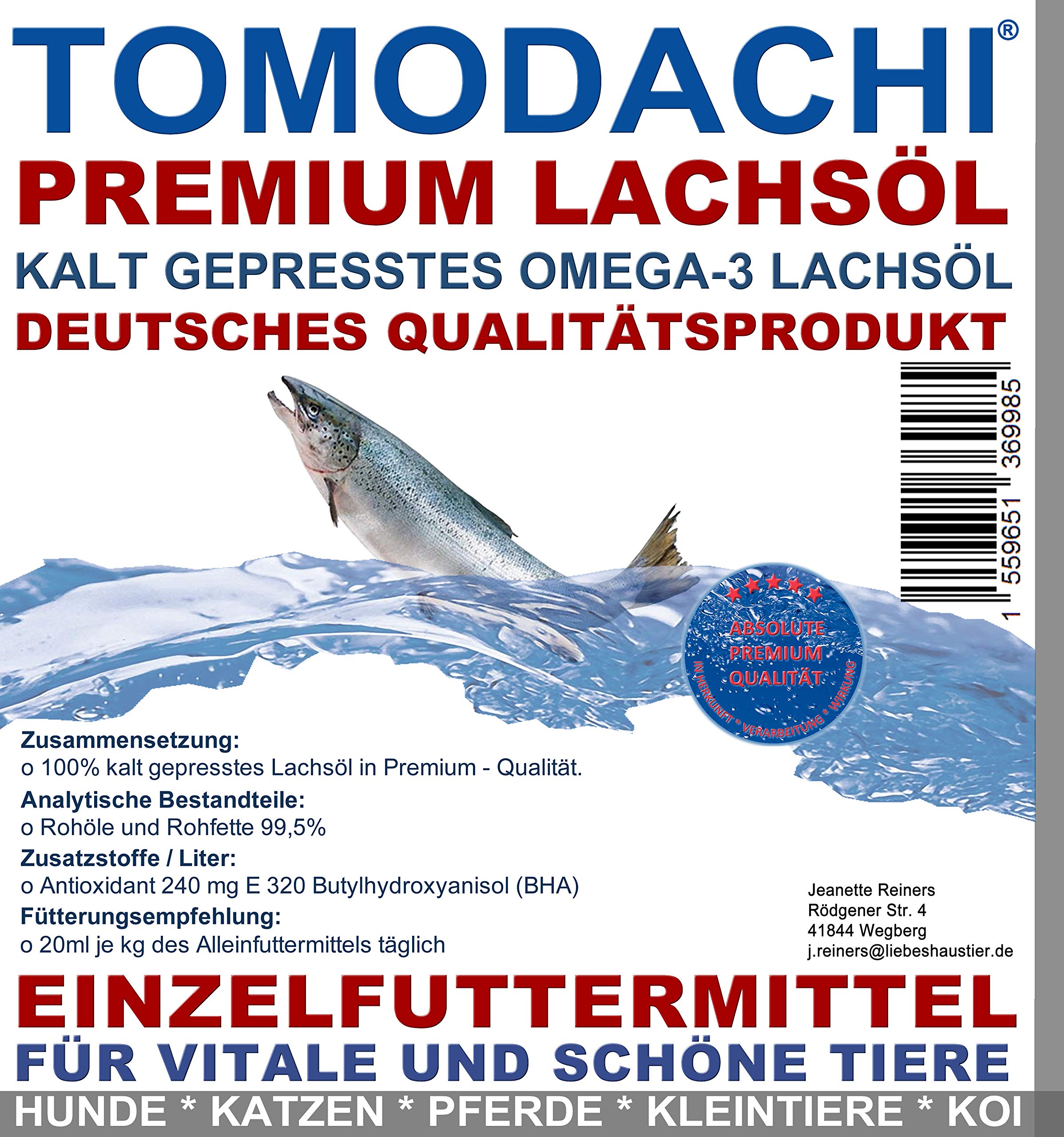 Lachsöl Haustiere Omega-3 Öl Nager Kaninchen deutsches Naturprodukt Immunkraft gut für Haut Fell Lachs Fischöl kaltgepresst Ratte Maus 20L (4X 5L)