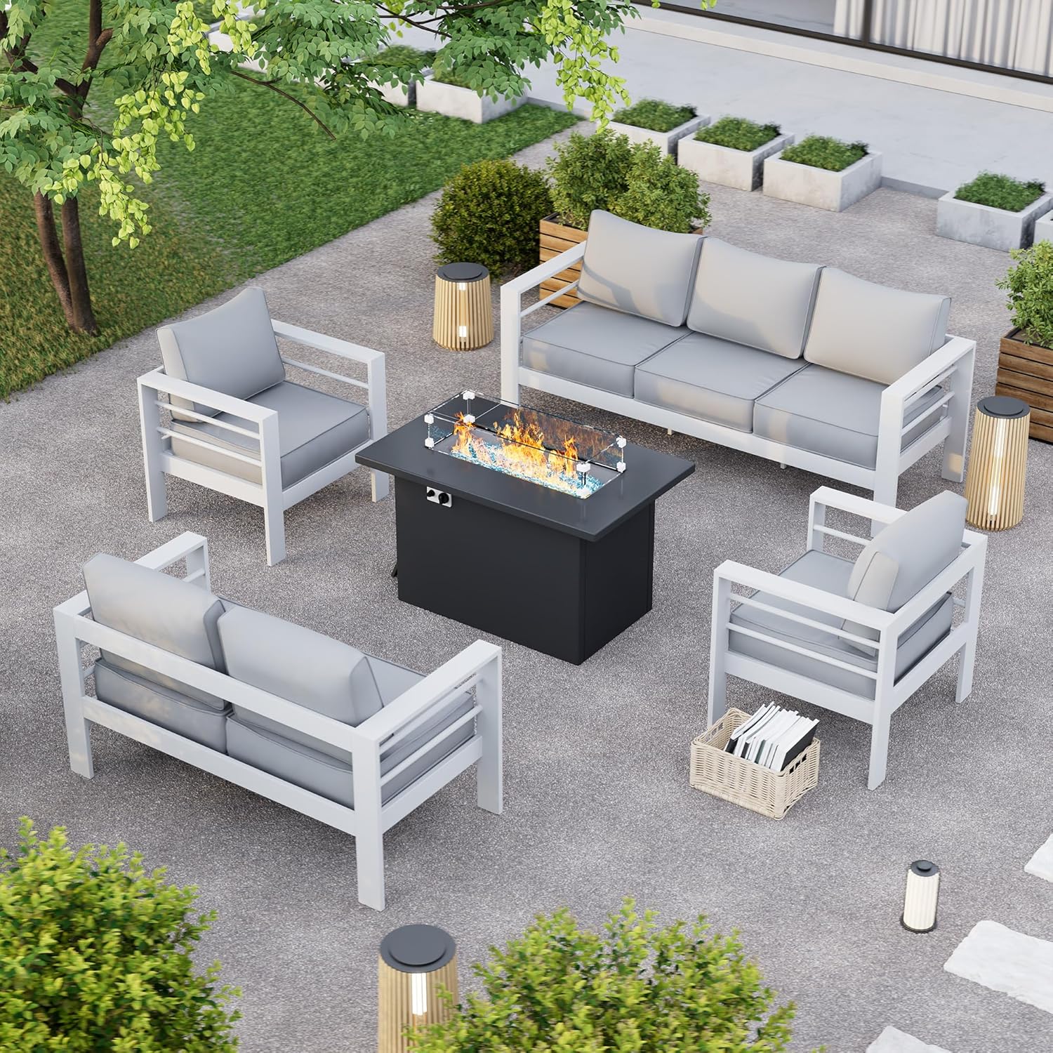 Aluminum Patio Set, 3-Seat Outdoor Furniture Set with 5 Inch Cushions, Patio Furniture Sets with Waterproof Covers for Backyard Garden(Grey)