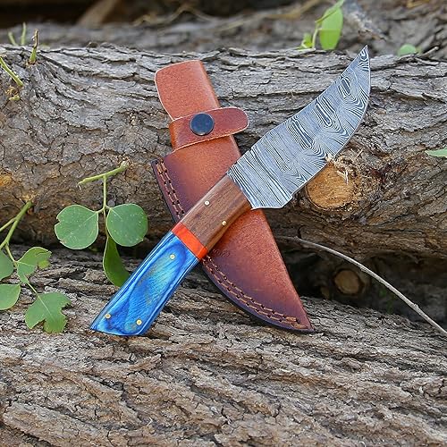 Miniatura 9 de HUNTING HUNTS Cuchillo de hoja fija de acero de Damasco forjado a mano para cazardesollar y acampar con funda de cuero genuino - azul (HH-HK-BLU-004)
