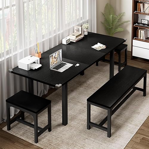 Miniatura 7 de Feonase Juego de mesa de comedor de 5 piezas para 4-8 personas, juego de mesa de cocina grande extensible de 63 pulgadas con 2 bancos y 2 taburetes